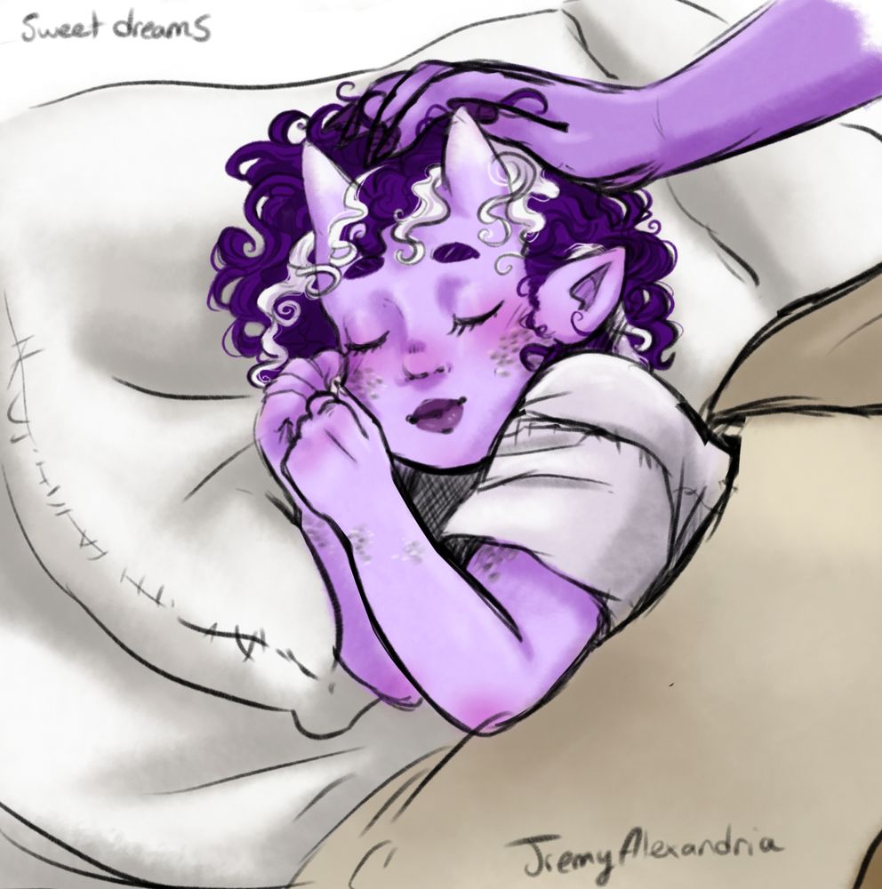 My purple teifling oc Hyacinth as a kid going to sleep in bed as her mama rubs her head.  