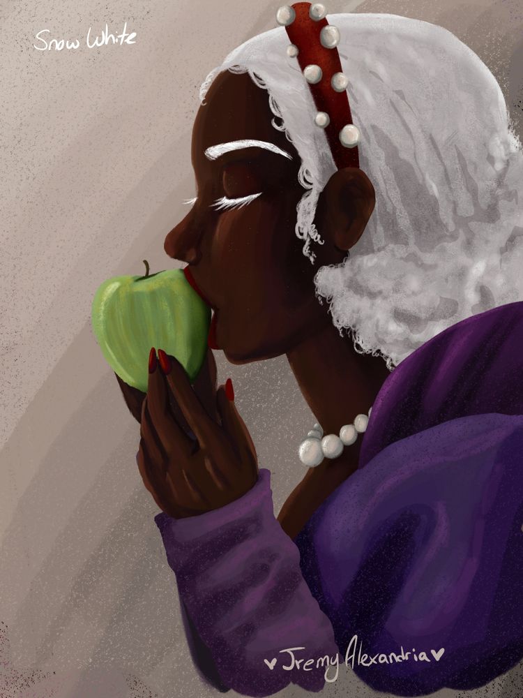 Snow White, with white curly hair, rosey red lips and nails, brown skin, and purple garments, leans in to bite a green apple.