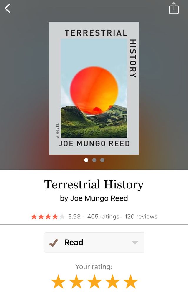 Goodreads screenshot showing Terrestrial History by Joe Mungo Reed. My review is 5 stars.