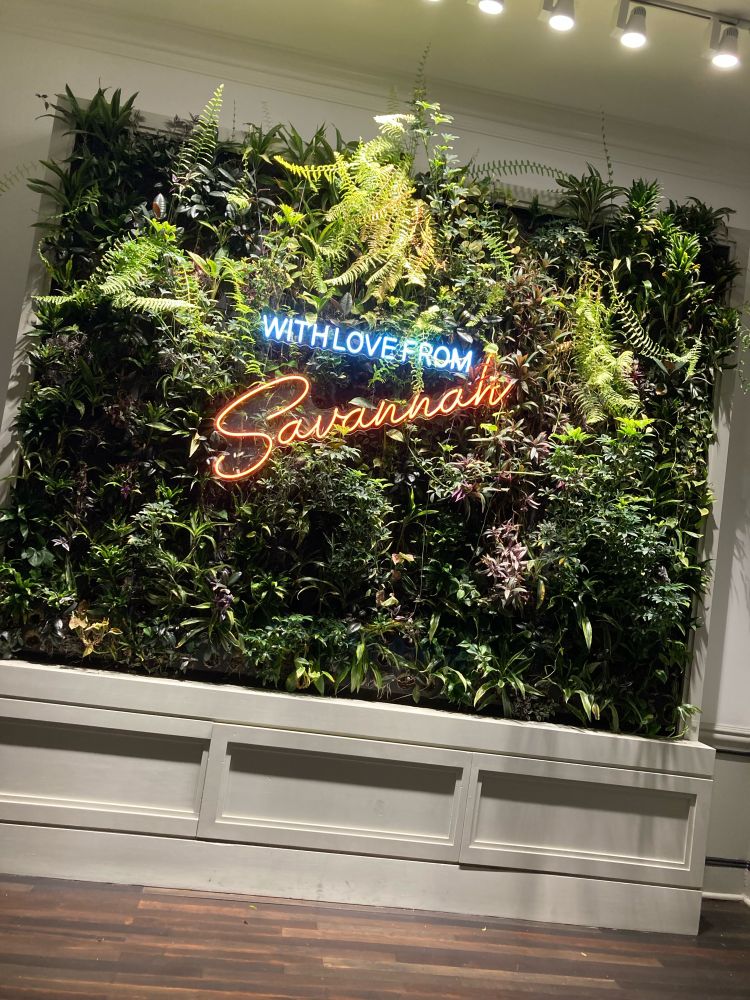 Image shows a wall within the Westin Savannah Harbor hotel featuring fake plants with neon lights in the center saying “with love from Savannah”