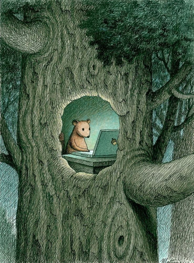 Drawing of a squirrel on a laptop in a hole in a tree.