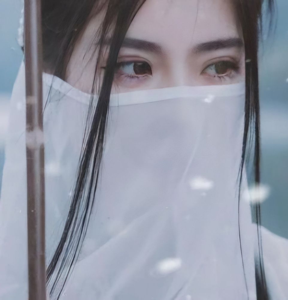 A closeup of a face wearing a white face veil.