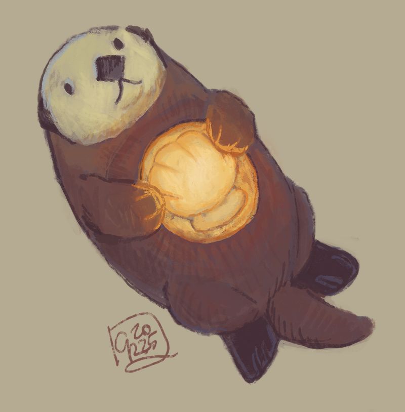 🎨 a digitally-painted sketch of a sea otter-shaped lamp holding a scallop-shaped lightbulb in a depression in its belly