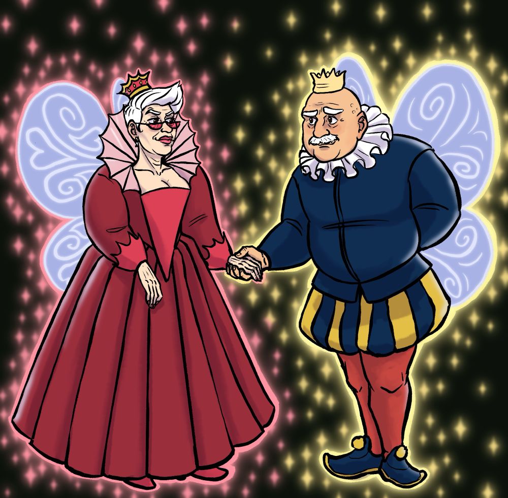 Mrs. Sheffield and Dr. Von Haber-Zetzer from the podcast Oz 9, drawn as fairies in Elizabethan garb.