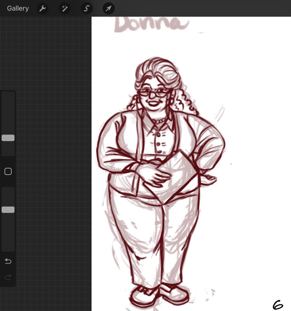 A screenshot of the Procreate drawing app, showing a sketch in dark red of a fat woman with very big hair, wearing reading glasses on a chain, a collared shirt, a cardigan, trousers, and Timberlakes.