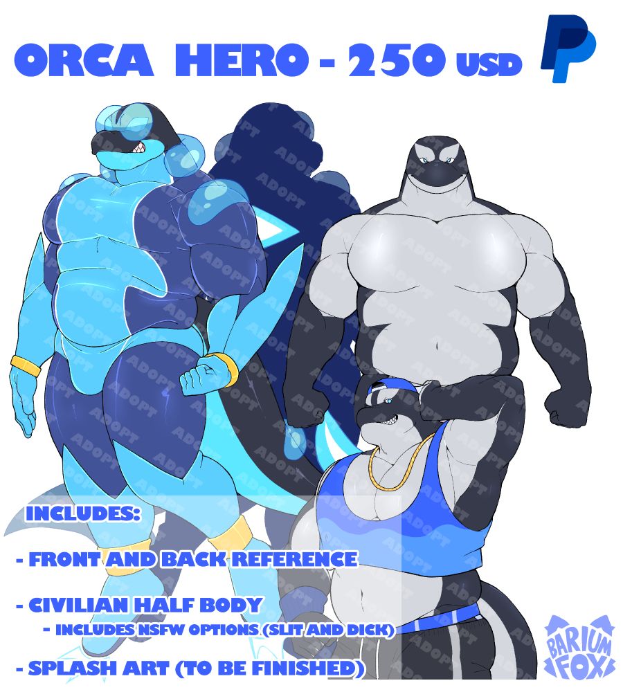 ORCA HERO - 250 usd (Paypal Only)
Includes:
Front and Back Reference;
Civilian Half Body (Dick and Slit options included);
Splash Art (To be finished);