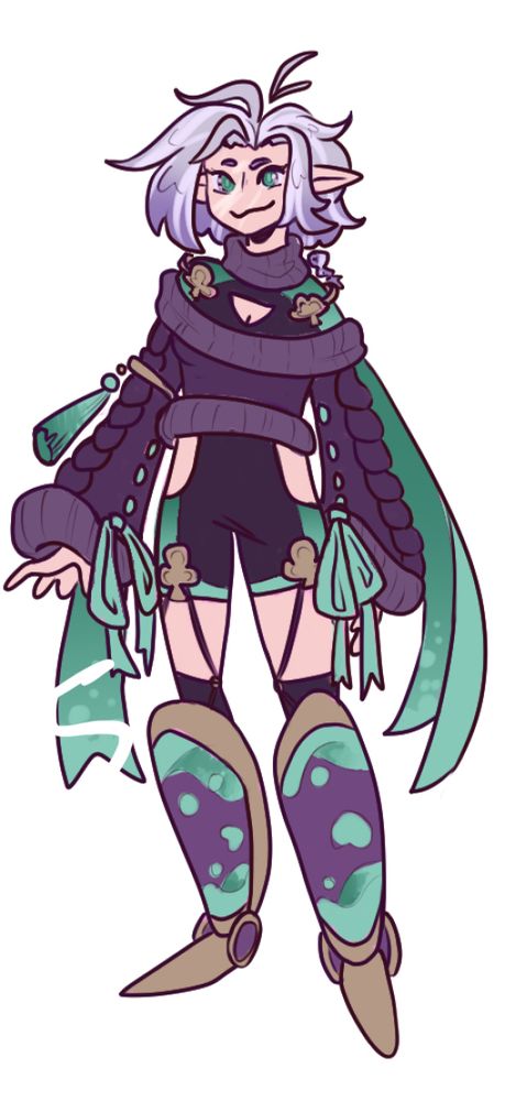 A design of an oc named Cass, attempting to recreate some design choices made in the game Honkai: Star Rail while still staying true to her personality and original design.