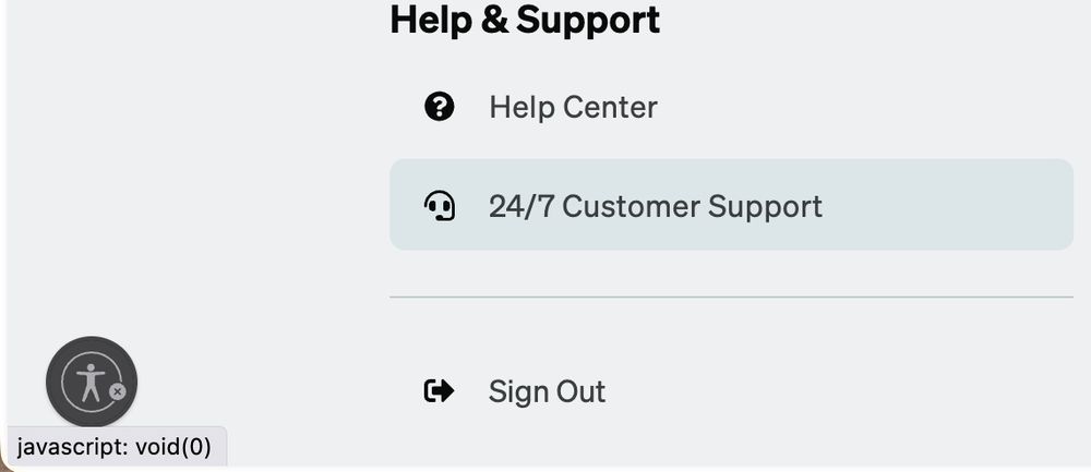 A screenshot showing exactly what the post says: Zenni's "24/7 Customer Support" goes to "javascript: void0".

Shows Help & Support, with links "Help Center", "24/7 Customer Support", and "Sign Out". The "24/7 Customer Support" is highlit, and the link goes to "javascript: void(0)".