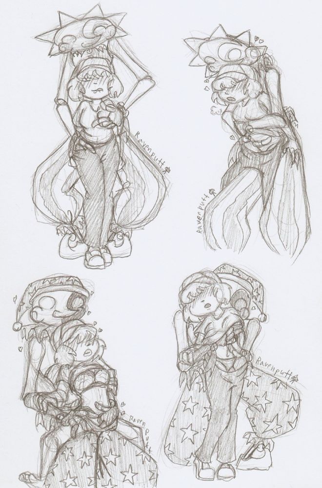Pencil sketch on paper. 

Top left - DCA Sun looming over human character, one hand groping a breast ontop the shirt. Other hand going down under the waistband of pants. Y/N looking flustered and biting their lip. 

Top right - DCA Sun holding onto Y/N while standing up, one leg held out a bit to rest Y/N on by the crotch, while holding them up by an arm around their middle. Other hand down underneath waistband in the front of Y/N's pants. Y/N breathing heavily, holding onto Sun's pants. 

Bottom left - DCA Moon holding up Y/N against his front, looking down at them. Y/N's pants are gone, Moon holding their thigh aside, the other hand down their underwear. Y/N's shirt pushed up to show bra. Y/N's gritting their teeth, little hearts around both their heads. 

Bottom right - Y/N standing facing the audience, Moon crouched behind them with hand pushing down Y/N's pants while fondling their crotch, other hand pushing up shirt to grope breasts. 