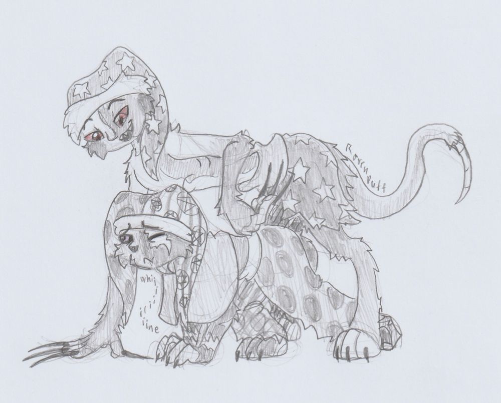 Pencil sketch on paper. 

TSAMS KC inspired LH character Kacey, with his newest (adopted) son. 

Both on four legs, the smaller Harvey hiding underneath Kacey with a fearful whine. Kacey smiling, an arm raised aside to look at Harvey with a calm expression. 