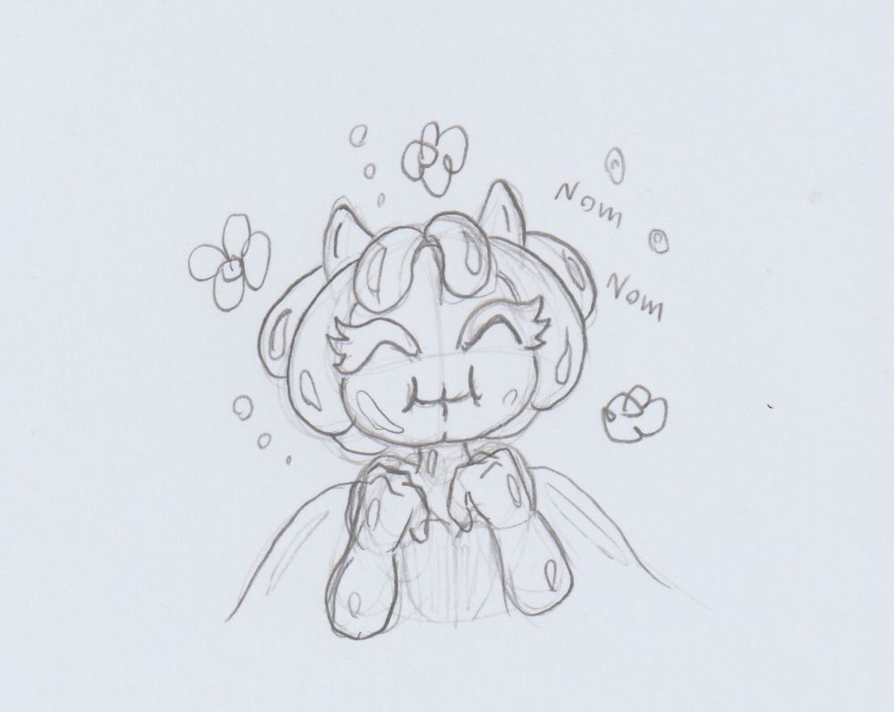 Pencil sketch on paper. 

Sea angel mer looking happy and smiling as she eats the shrimp chip, with cute little "nom nom" noises. 