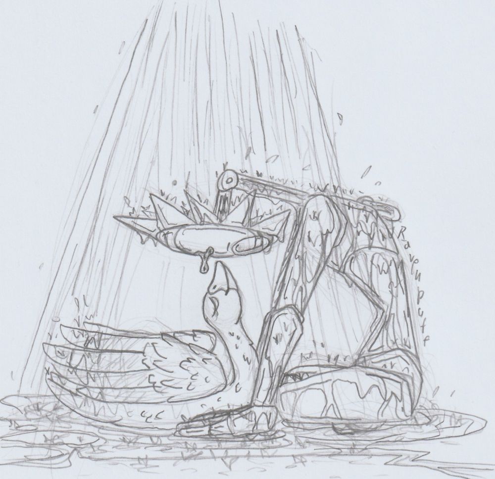 Pencil sketch on paper.

Characters from TSAMS as they appear in the EMHM fanfic on AO3. 
Firefly aka Eclipse V1 sitting on the floor of a shower stall, letting the water stream wash down over him as he leans forward resting on his palms on the floor. Right underneath his faceplate, acting like an umbrella for her, sit Earth in her robot goose form, smiling gently up at the tense DCA. Her wet feathers ruffling in the water that does hit her. 