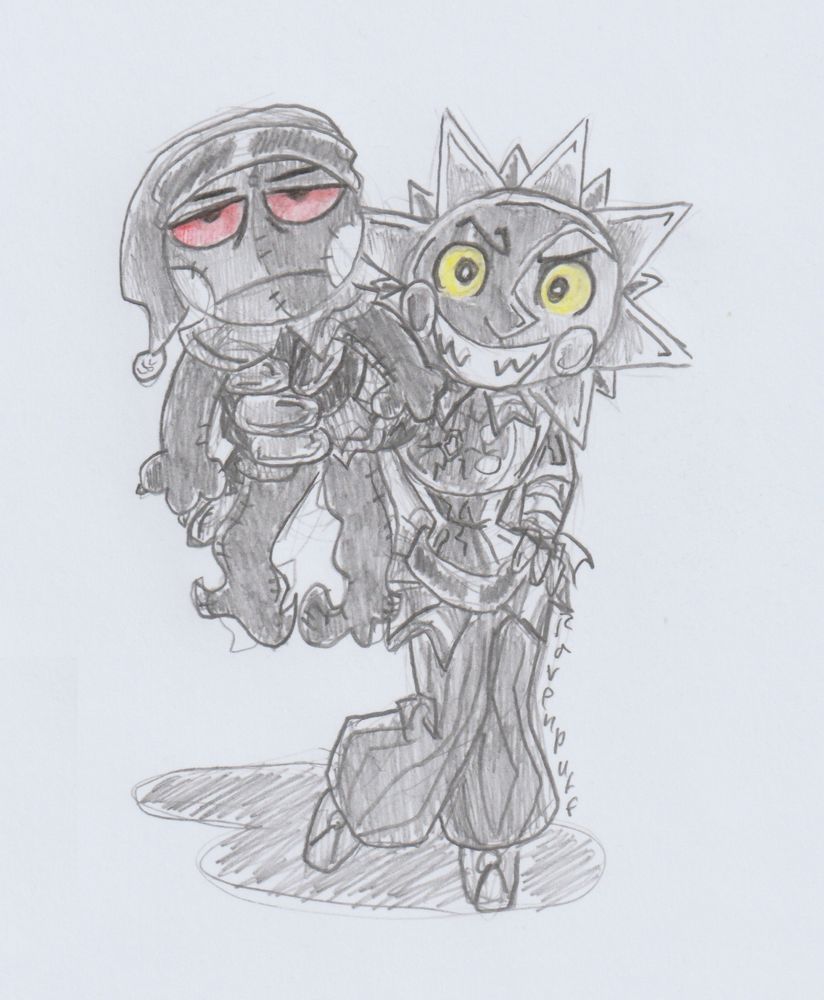 Pencil sketch on paper. 

Eclipse and Umbra from the SAMS AU fic EMHM. Eclipse viewed from above, looking up at the audience with a big evil grin. Holding up in his hand the haunted plushie of Umbra that's looking very unimpressed and annoyed. Eclipse's other hand resting on his hip. 

Only coloured parts are the eyes. 