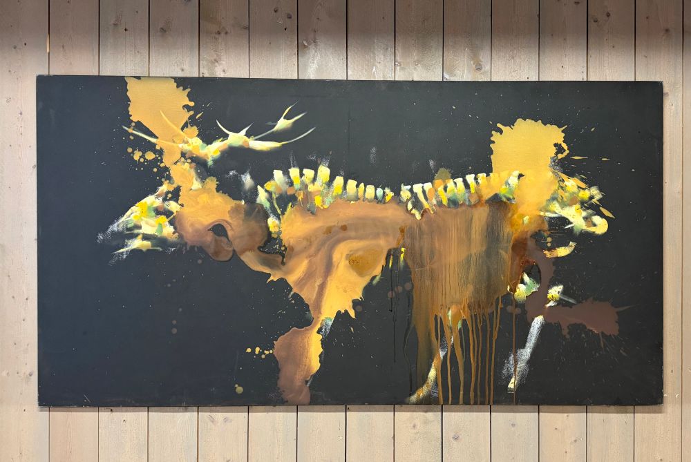 Same as other painting, a different animal, maybe a kind of deer, where the animal is part skeleton, or flesh is melting, or something. Hard to deacribe but the effect is unsettling.