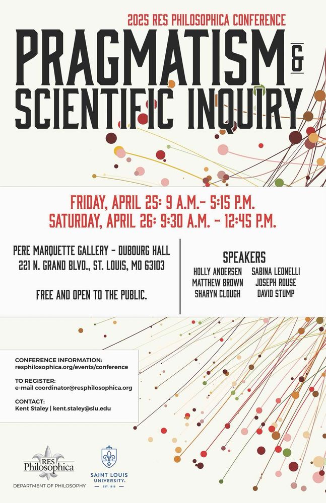 A poster for a Res Philosophica conference titled Pragmatism and Scientific Inquiry. The conference is April 25 to 26 at St. Louis University. There is a webpage for more info that is on the resphilosophica.org website for conferences. It is open to the public and registration is requested. Speakers listed are Holly Andersen, Matthew Brown, Sharyn Clough, Sabina Leonelli, Joseph Rouse, and David Stump.