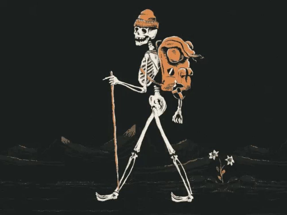 a drawing of a skeleton with a backpack on its back