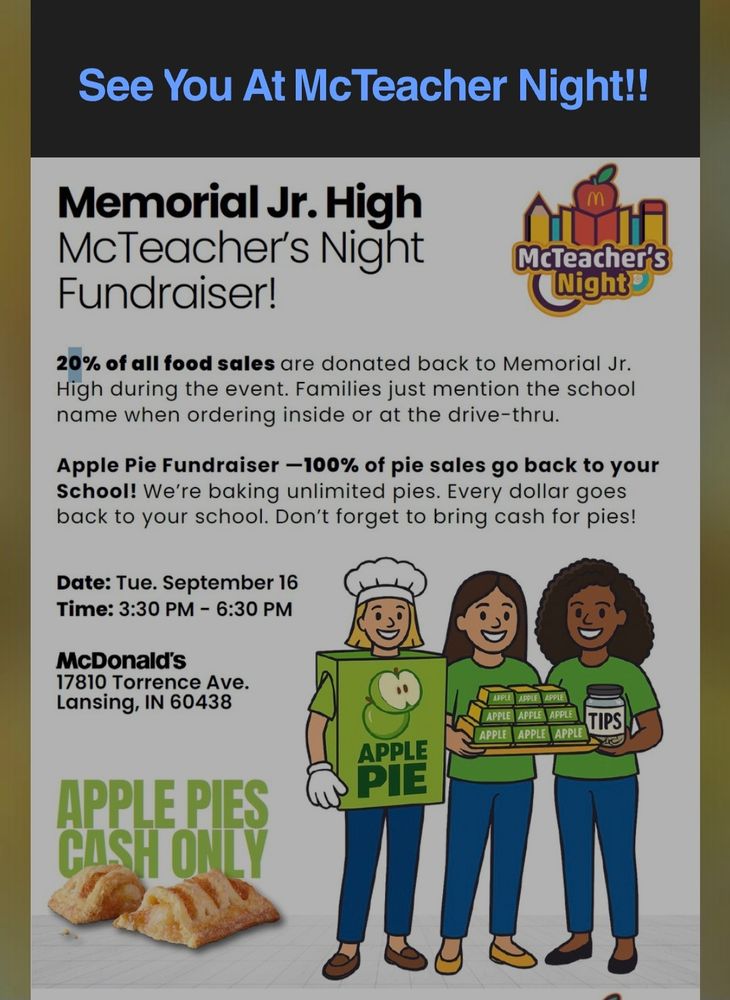 Mcteacher night flyer.  Tuesday 4-7 pm in Lansing Illinois 