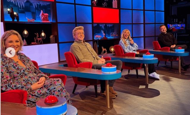 Joanne Page, Rhys Darby, Molly Rainford, and Alex Brooker sitting on the House of Games set.
