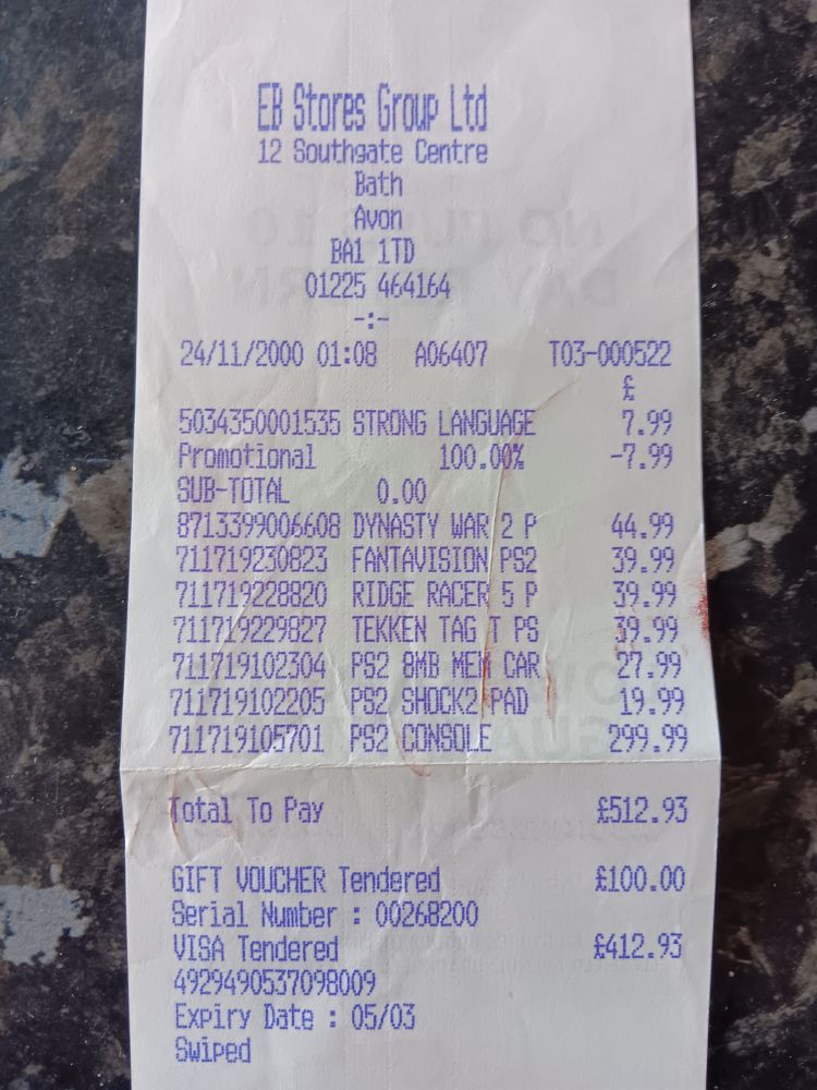Receipt for PS2 console, shockpad, memory card, Tekken Tag Tournament, Fantavision and Ridge Racer. 512.93 paid for at 1.08am