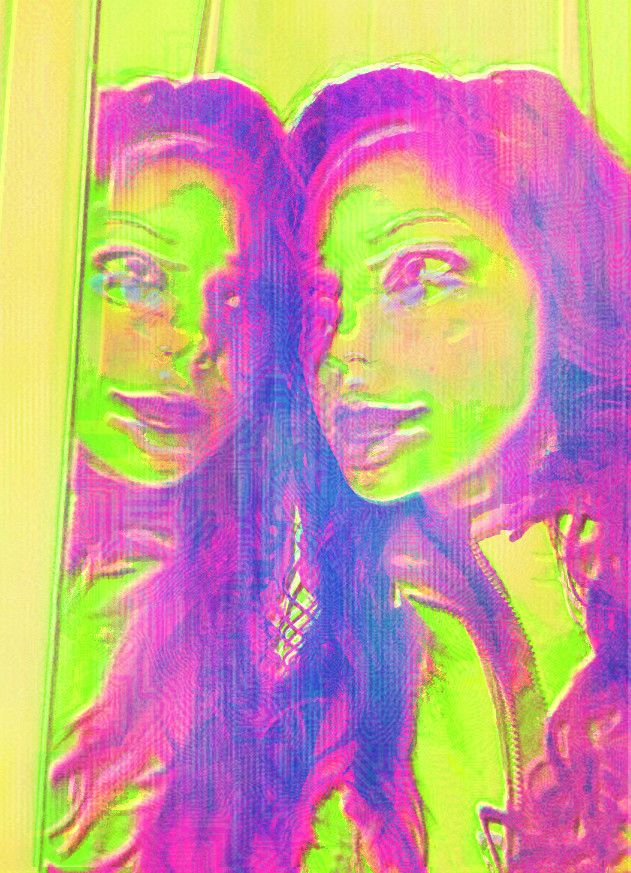 A picture of me and the other me who lives in the mirror, edited to appear in bright pinks and greens. The image is laid over itself and offset, creating a double-vision type effect. 