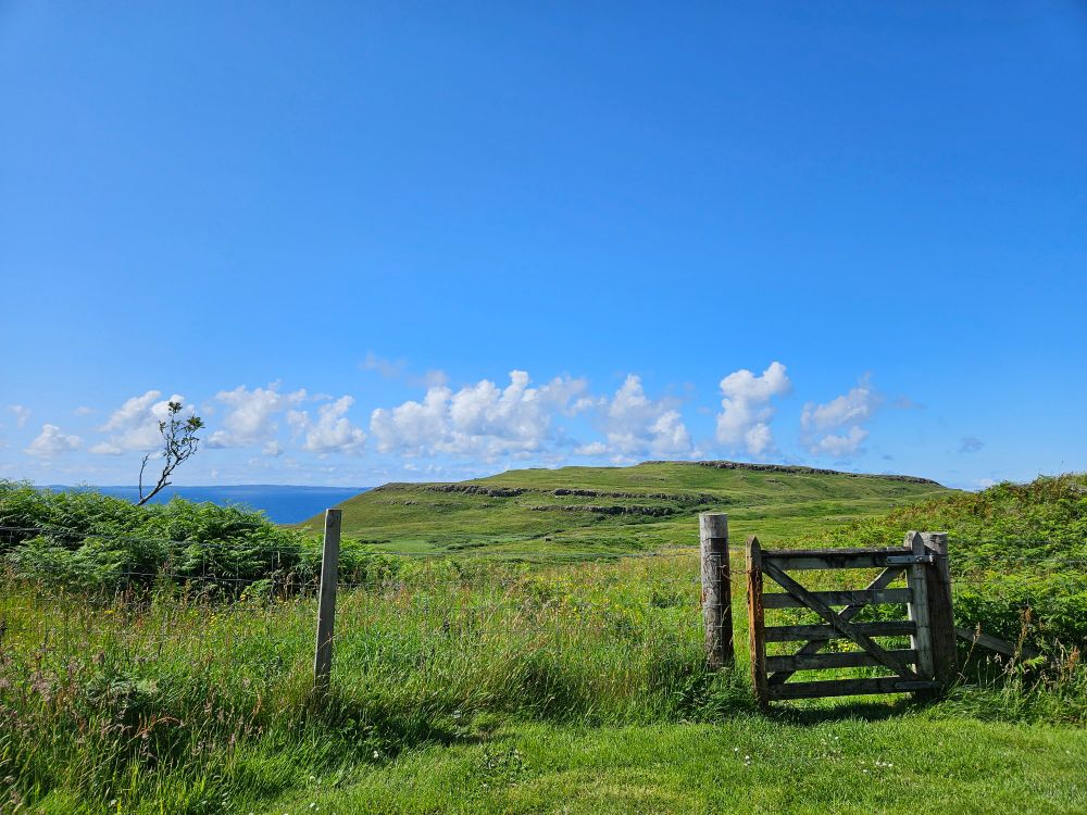 A photo taken from the same place as the one in the previous post, looking a few degrees to the right of the other photo. A grassy lawn bordered by a wire fence with a small wooden gate, beyond which is a lush green landscape of grasses, ferns, and wildflowers. It's a bright sunny day, and looking further into the distance we can see some fields and a large rocky hill. Beyond that is the sea, and on the far horizon is a chain of islands.
