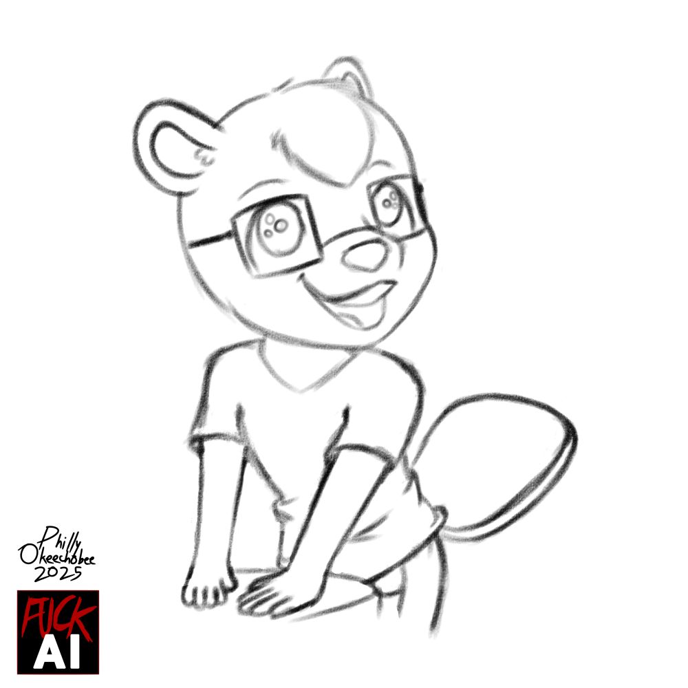 Philly standing with his hands on a table, looking up with sparkly eyes