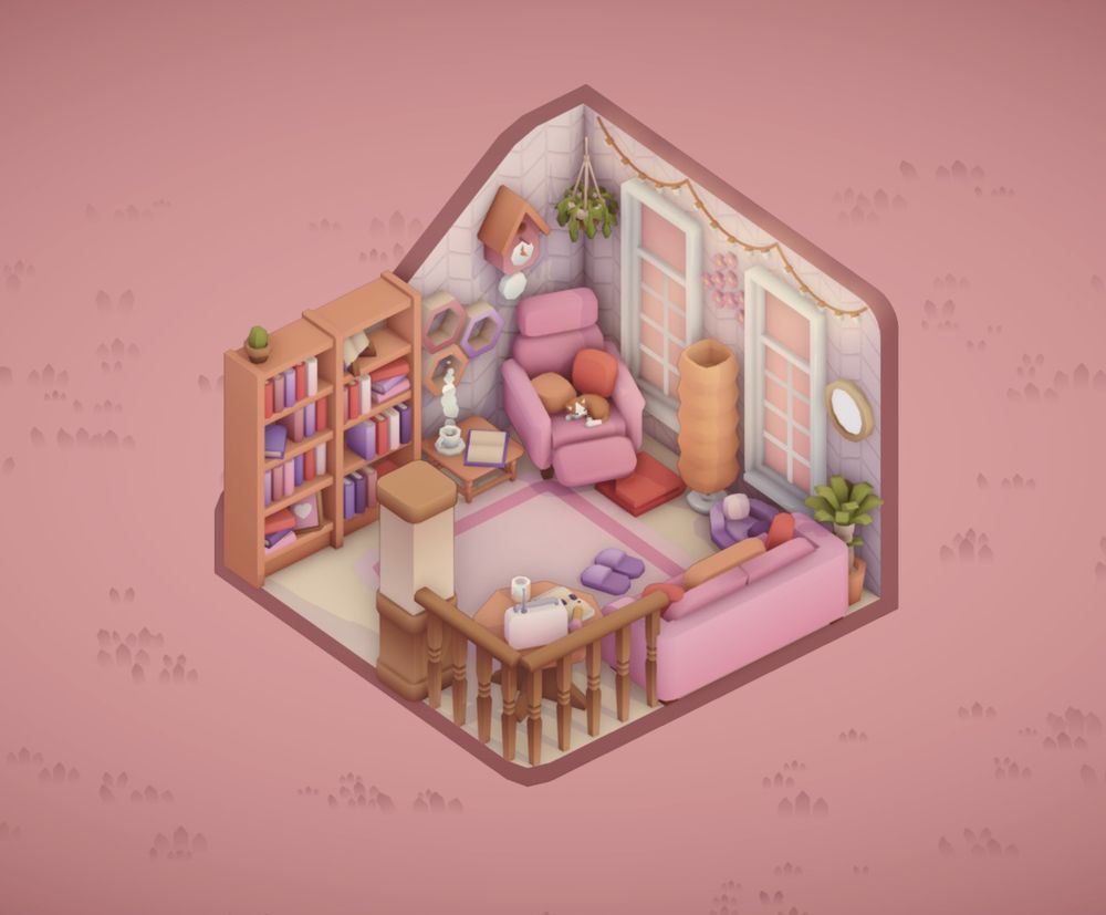 A screenshot from MakeRoom: An extremely bright & cozy reading nook. Two bookcases stand on the leftmost wall, next to a small table & recliner. A small cat sleeps right in the middle of a few cushions. On the right, you can see another sidetable with an open notebook, glass of water, and radio, alongside a soft pink couch. 