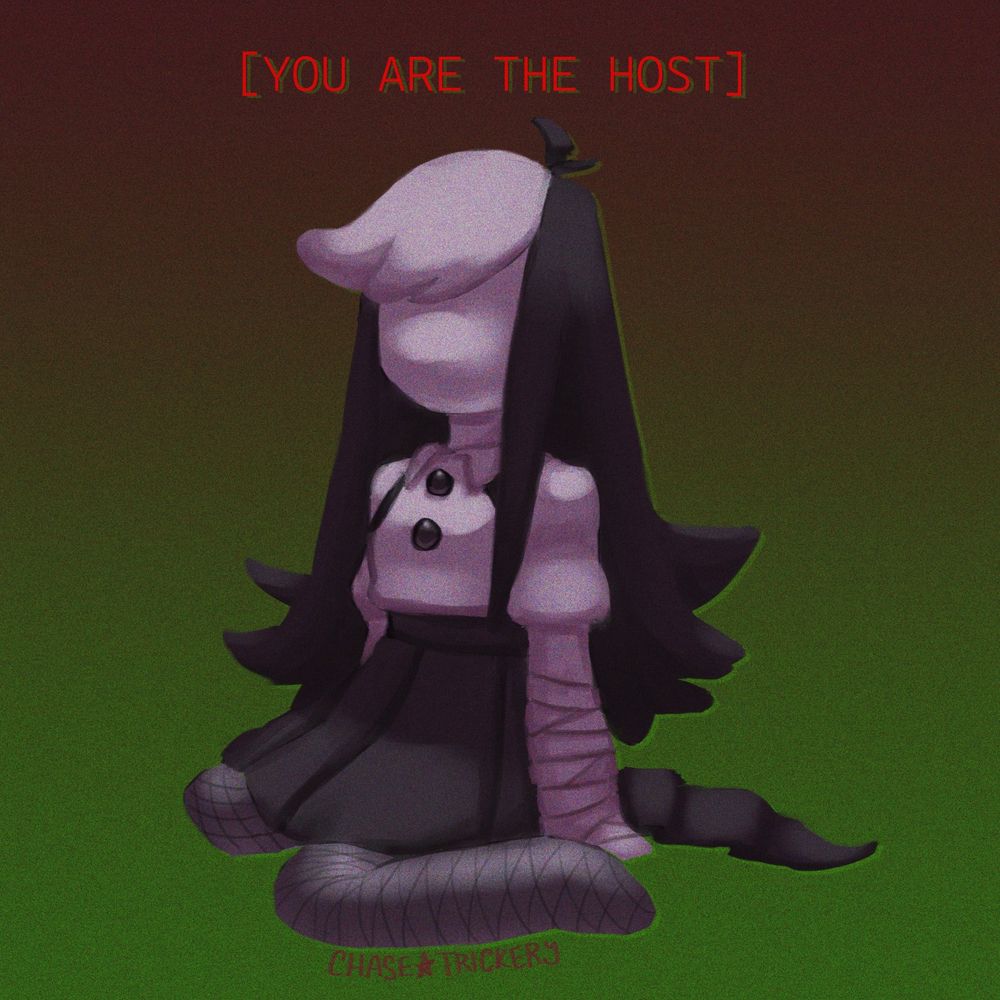A digital drawing of a character with white skin and no face, they are sitting on the ground with a background that is green faded to a reddish brown. There is text above the character saying "[You are the host]". They wear a shirt, skirt, tights, and there are bandages on their arms.