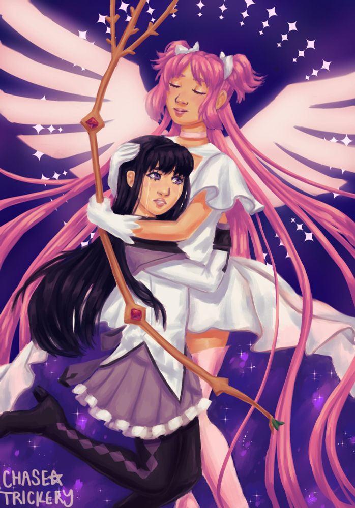 A digital painting of Madoka and Homura from Madoka Magica hugging each other. Madoka is in her god form in which she has long strands of pink hair, wings, a white dress, and she holds a bow. Homura is wearing her normal magical girl attire, she has a white shirt, grey skirt, and black tights, and long black hair. Madoka's eyes are closed, but Homura is looking at her with tears streaming down her face.