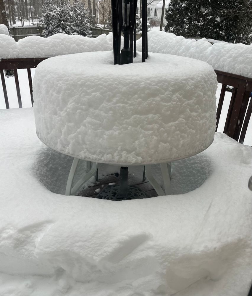 Picture of the snow accumulating on my round outdoor table on my deck. When it was less snow it resembled a donut because of the center hole made by the umbrella pole. But it is tall enough now that it looks like a cake (to me)!