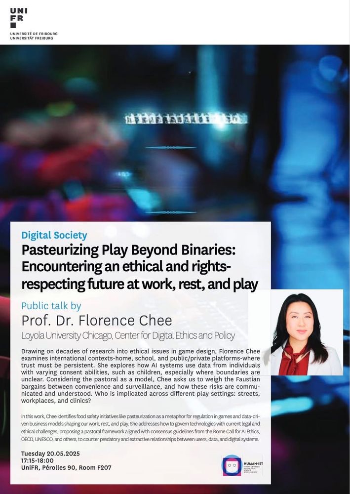 Event flyer for Prof. Dr. Florence Chee ar Univerisity of Fribourg, May 20th. Headshot superimposed on description of talk. 
