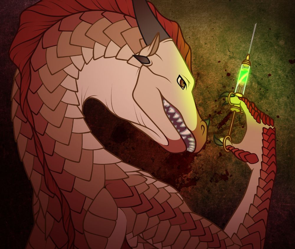 A digital portrait of a dragon from the Wings of Fire series. He is a Sandwing, standing with his back towards the viewer. His chin is bowed and his head tilted slightly as he holds up a vintage syringe held between his index and middle finger and his thumb. The glass of the syringe is filled with a glowing liquid that illuminates the scene with an eerie green light. There is a large splatter of dark blood on the wall in the background.