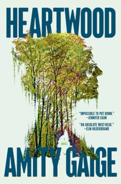 Book cover of Heartwood by Amity Gaige. Blue text on pale green background. Image of a woman’s profile created in trees and leaves. 