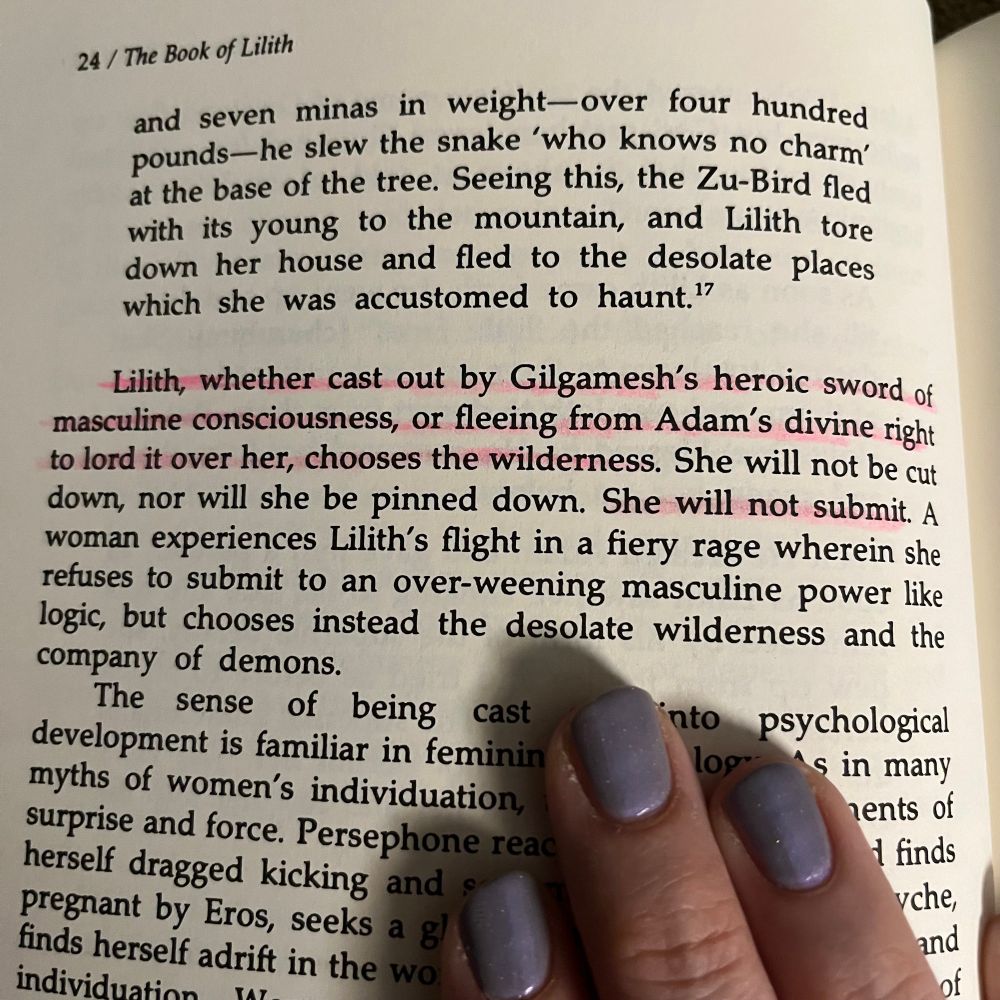Paragraph from The Book of Lilith by Barbara Black Koltuv, Ph.D. that reads: “Lilith, whether cast out by Gilgamesh’s heroic sword of masculine consciousness, or fleeing from Adam’s divine right to lord it over her, chooses the wilderness. She will not be cut down, nor will she be pinned down. She will not submit. A woman experiences Lilith’s flight in a fiery rage wherein she refuses to submit to an over-weening masculine power like logic, but chooses instead the desolate wilderness and the company of demons”. 