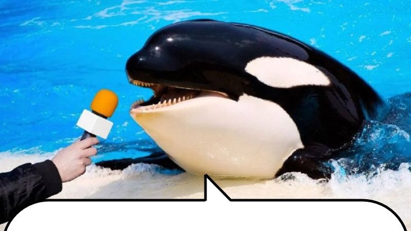 A meme featuring an orca whale. The whale is centered in the frame with its full head and front fins above the water, which is a bright turquoise blue color. On the left side, an arm and hand holding a bright orange microphone has been Photoshopped right in front of the orca's open mouth. At the bottom of the image, a white speech bubble has been added, as though the whale is the speaker of the quoted post below.