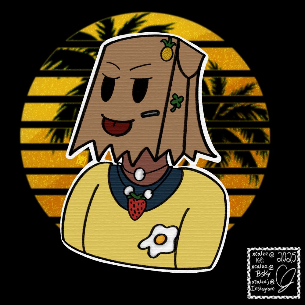 a bust drawing of a dark skinned character in a yellow shirt with a paper bag on their head. :P expression with a pineapple, four leaf clover and line patch sticker on the bag. a Strawberry necklace and sunny side up egg pin as accessories