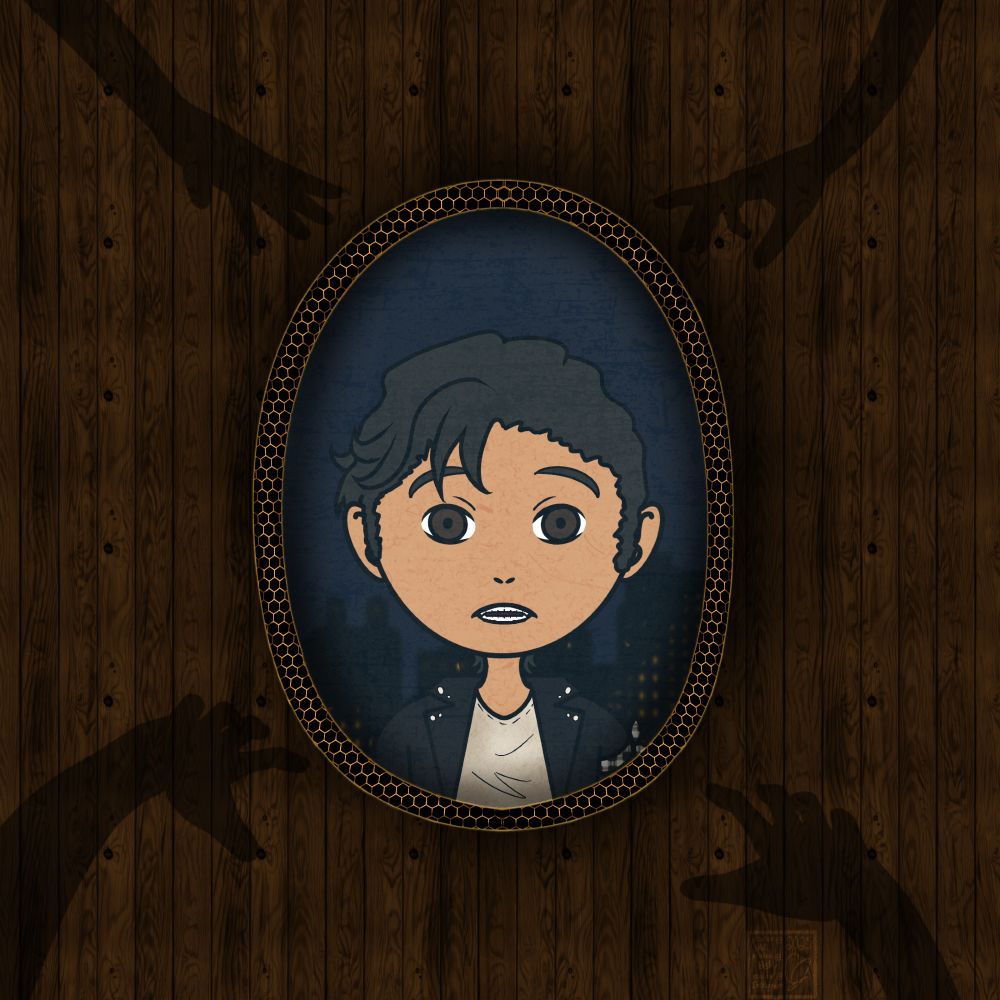 mirror with OC in the center, on a wood grain wall with shadow hands reaching out