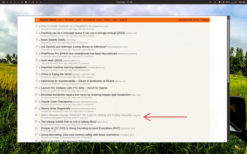 Will AI Replace Human Thinking? The Case for Writing and Coding Manually on the Front Page of Hacker News.
