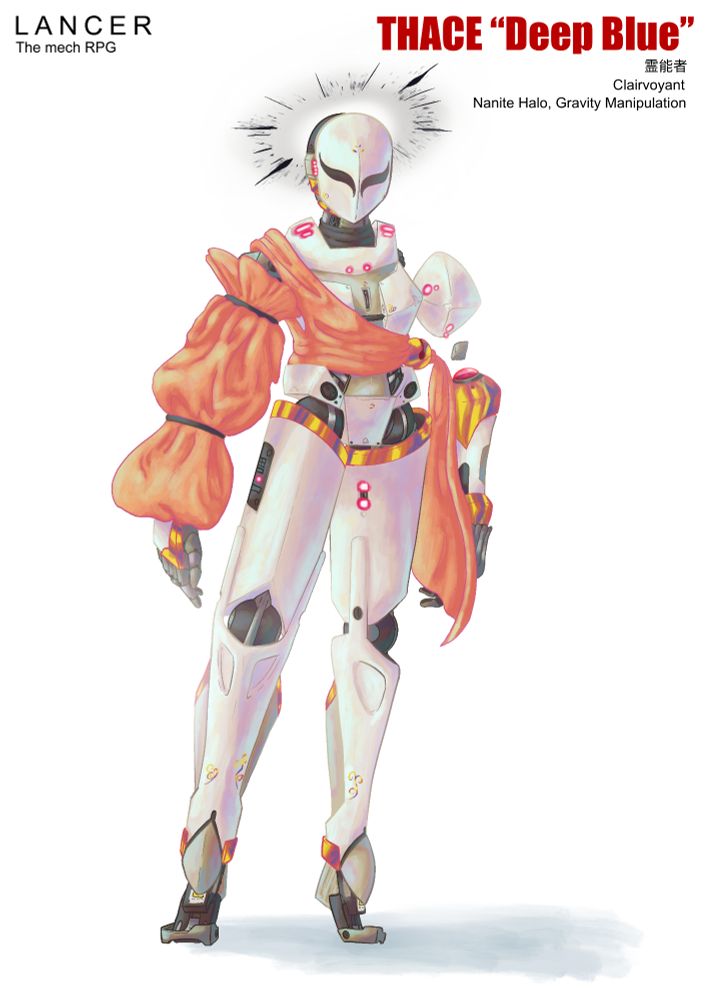 Artwork of a bipedal mech, while iridescent armour with gold trim, the left arm is segmented and floating while the right arm and torso are covered by an orange cloth. It has a black floating halo.
Text: Lancer the mech RPG. THACE "deep blue". Clairvoyant. Nanite halo, gravity manipulation.
Followed by Japanese text which translates to psychic.
 