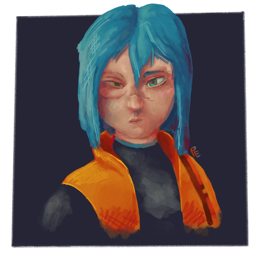 Drawing of the character Jin a Lancer AI NHP in a nearly realistic human body if it weren't for some weird proportions
She is white ,sports blue hair one squinting damaged eye and in a dark shirt with an orange jacket