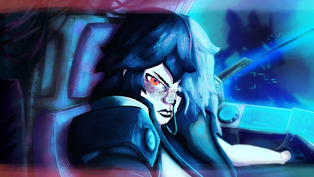 Illustration of Lancer OC Abby Sol
This is a bust painting of a white woman with a red eye, split short black hair (her right) and white long hair (her left). In the cockpit of a mech, she is bathed in blue light and she is looking angrily at the camera. A mech can be seen in the background through the screen of the cockpit screen