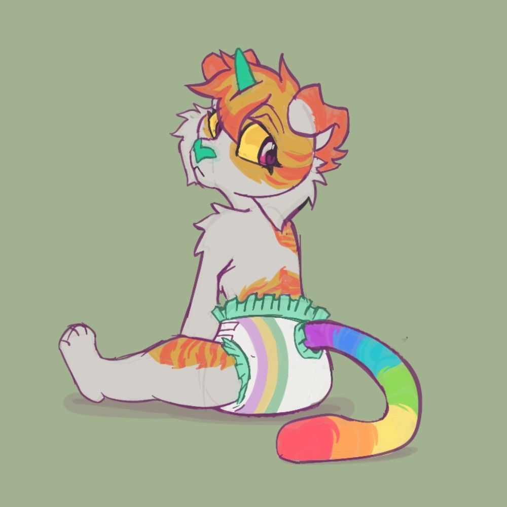 Digital illustration of a white and orange tabby cat with moderate white spotting, a turquoise unicorn and nose, and a rainbow tail. He is wearing a diaper with a rainbow on the sides and turquoise accents. He is sitting down with his legs out, his hands on the floor in front of him, and looking behind him, against a solid pastel green background.