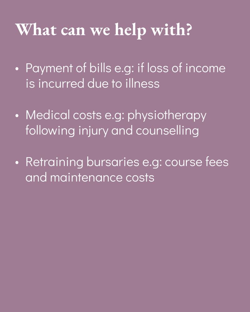 pale purple graphic describing what DPF can help with, including living costs, medical costs and retraining bursaries