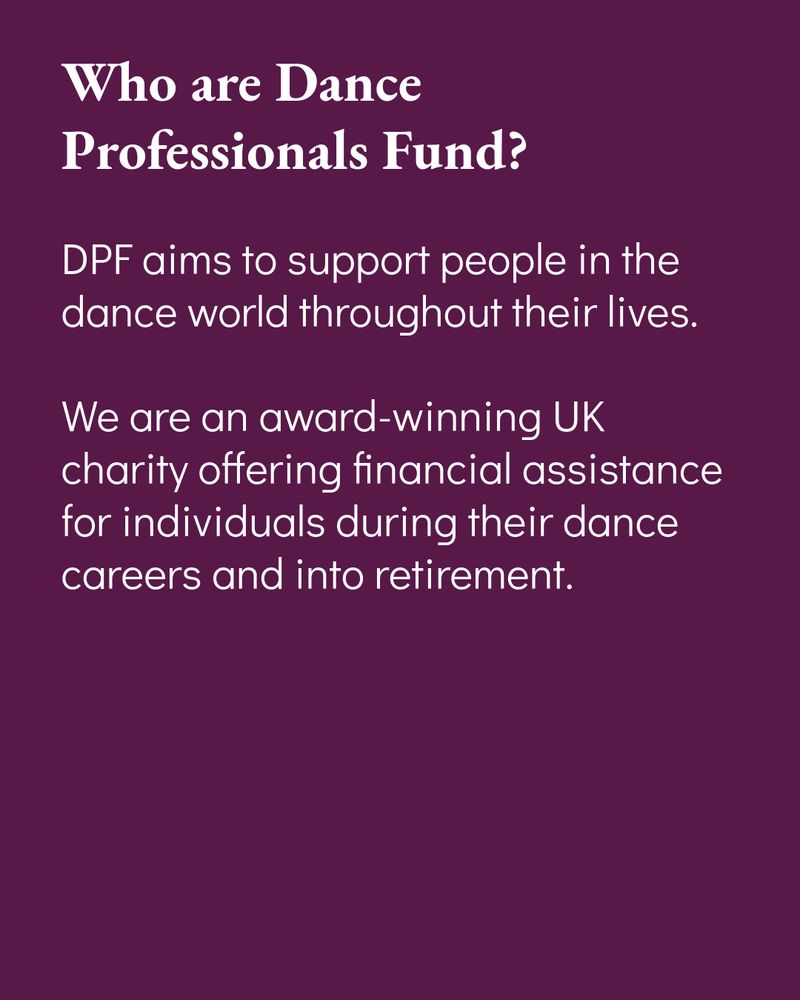 purple graphic with white text introducing dance professionals fund.