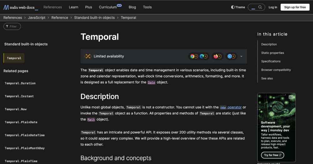 Screenshot of MDN showing the landing page of Temporal