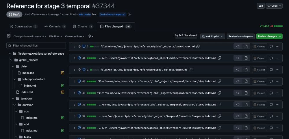 Screenshot of a GitHub PR page with title "Reference for stage 3 temporal" to the mdn/content repository. It has 247 files changed and 11,492 lines added.