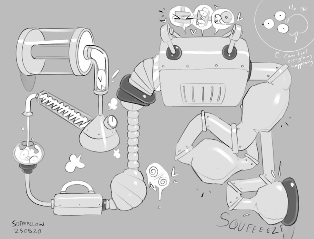 Continuing from the previous part, a line of tubes and machinery is shown, with the person inside going through each and undergoing various transformations, before traveling through a large metal pipe to the other end of the room. A bubble in the corner shows the face blushing, with text indicating that it can feel everything happening.