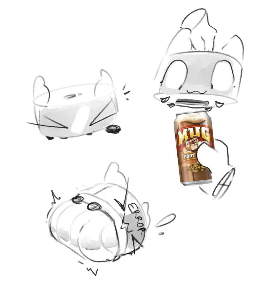 Liliko (ae/aer), after being turned into a roomba. Ae has a can of soda inserted into aer, leaving aer with a very full dust bag.