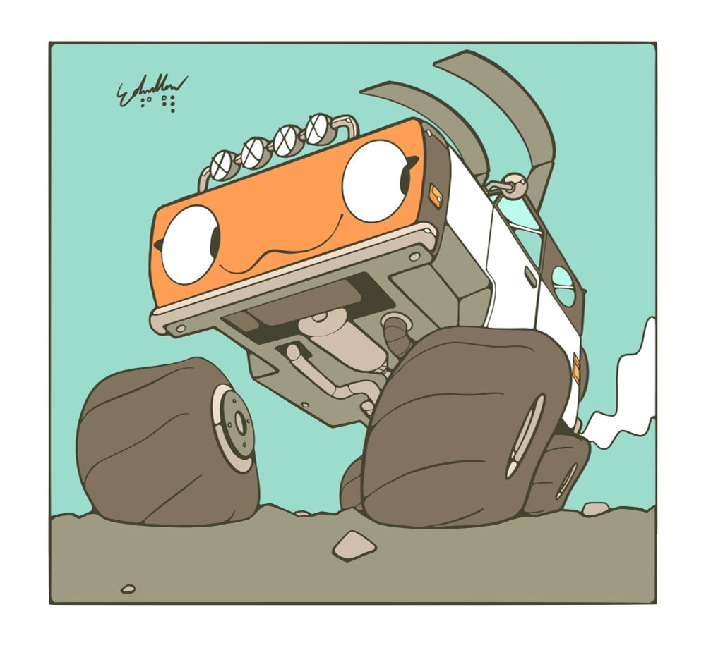 Moon car (she/her) on offroad tires shown from a low angle against a teal background 