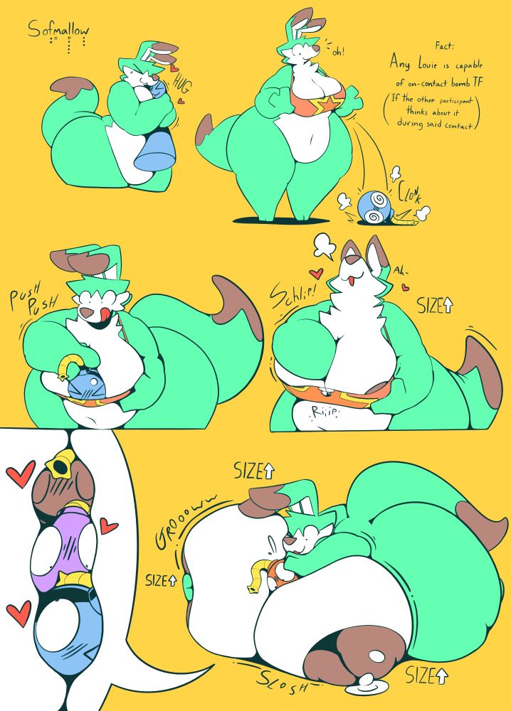A sequence of a bomberman louie hugging someone, who is TF’d into a bomb in the process. (Text explains that “Any louie is capable of on-contact bomb tf, if the other participant thinks about it during said contact”)
The louie is shown pushing the bomb between their breasts, eventually pushing it all the way inside with their breasts growing larger suddenly. A little marker comes up indicating “Size Up”. The louie is then shown pushing more bombs into their boobs, which are now considerably larger. A bubble shows there are 3 bombs inside with a 4th about to join them. More “Size Up” indicators appear around the louie.